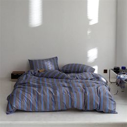 Ensembles de literie Svetanya nordique gris bleu lignes rayures housse de couette ensemble coton reine King Size linge de lit drap housse taies d'oreiller 231027