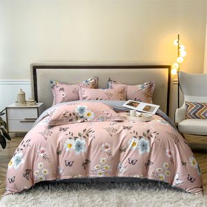 Juegos de cama Svetanya Pink Butterfly Pastoral Floral Ropa de cama Juego de cama de algodón egipcio Queen King Size Sábana ajustable Juego de funda nórdica 230607