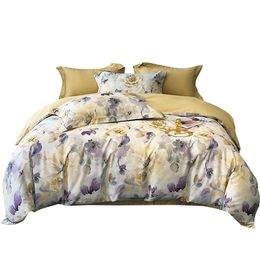 Juegos de ropa de cama Svetanya amarillo Púrpura Pastoral Floral Ropa de cama Juego de cama de algodón egipcio Queen King Size Sábana ajustable Juego de funda nórdica 230923