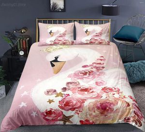 Conjuntos de ropa de cama Cisne Funda nórdica Conjunto Rose Crown Comforter Poliéster Sweet Girl Romántico Edredón Pink Red King Twin Tamaño