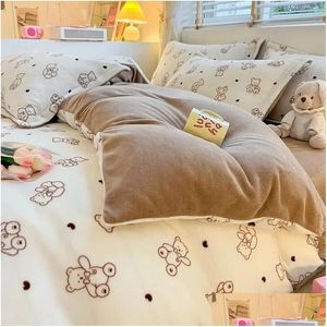 Ensembles de literie épaissi lait Veet quatre pièces ensemble flanelle drap de lit couette er chambre trois pièces corail chaud frais livraison maison G Dh2Wr