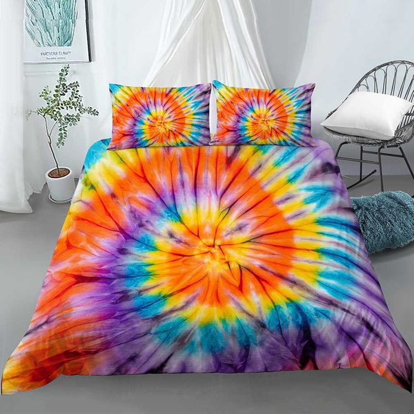 Juegos de cama Ropa de cama Tie Dye Juego de funda nórdica teñida con lazo Patrón de remolino azul naranja Juegos de cama impresos Hippie