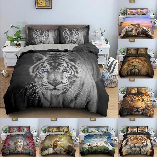 Juegos de cama Funda de edredón de tigre Juego de animales feroces Fundas de edredón con funda de almohada Individual Doble King Poliéster Textiles para el hogar 2/3PCS