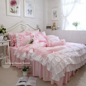 Beddengoed Sets Top Luxe Set Ruche Taart Lagen Dekbedovertrek Romantisch Laken Prinses Slaapkamer Beddengoed Strik Kussenslopen