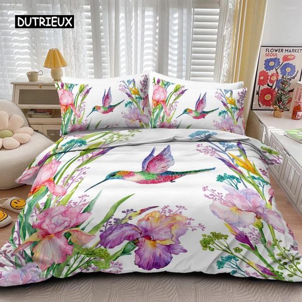 Conjuntos de ropa de cama Funda nórdica de pájaros tropicales Acuarela Flores de colibrí Ropa de cama doble Fauna exótica Blanco Poliéster abstracto Qulit