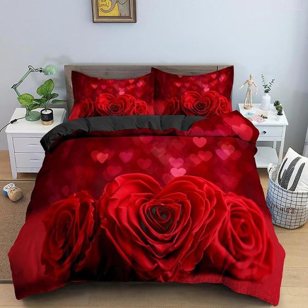 Juegos de ropa de cama Juego de bodas para el día de San Valentín 2/3 piezas Lujosa funda de edredón con corazón de amor rosa King Microfibra Edredón con estampado rojo 3D