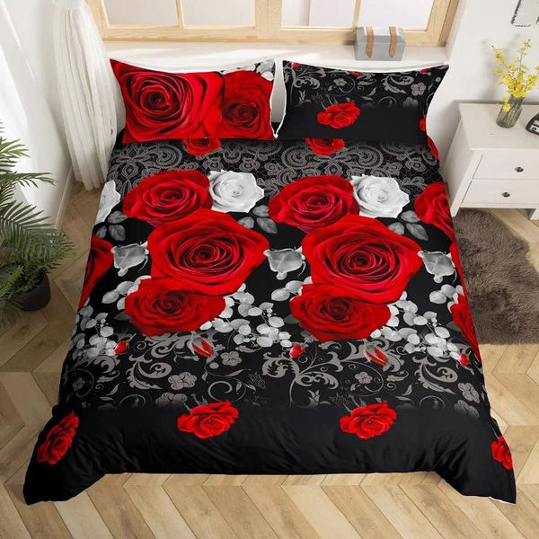 Ensembles de literie Cadeaux de la Saint-Valentin Bleu Rose Floral Housse de couette King Size 3 pièces 3D Imprimé Fleur Chambre Décoration Femmes