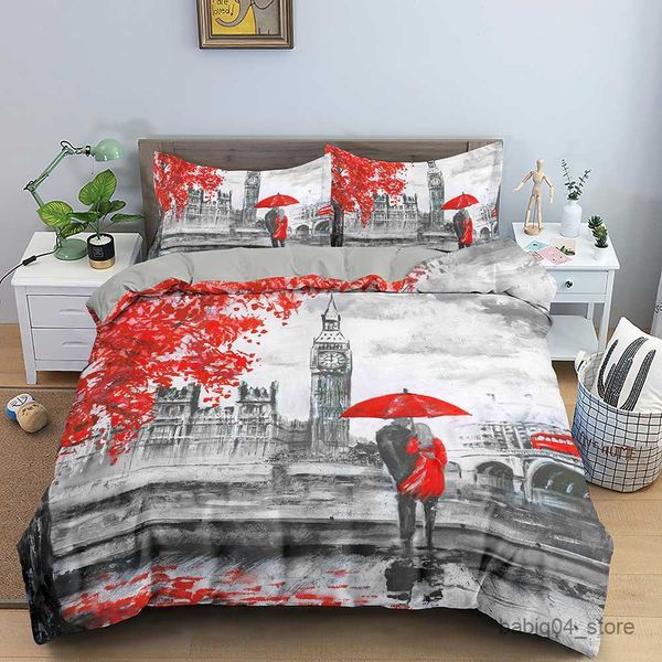 Juegos de ropa de cama Juego de cama romántico para el día de San Valentín para niñas y mujeres Juegos de fundas nórdicas Juego de cama de la Torre Eiffel Funda de edredón doble individual R230901