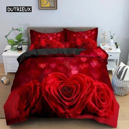 Beddengoed Sets Valentijnsdag Bruiloft Set 2/3 Stuks Luxe Rose Love Heart Dekbedovertrek Koning Microfiber 3D Rode Print Quilt