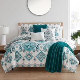 Juegos de ropa de cama VCNY Home Evergreen Bohemian Juego de edredón de damasco verde azulado de 7 piezas Full/Queen Reversible 230506