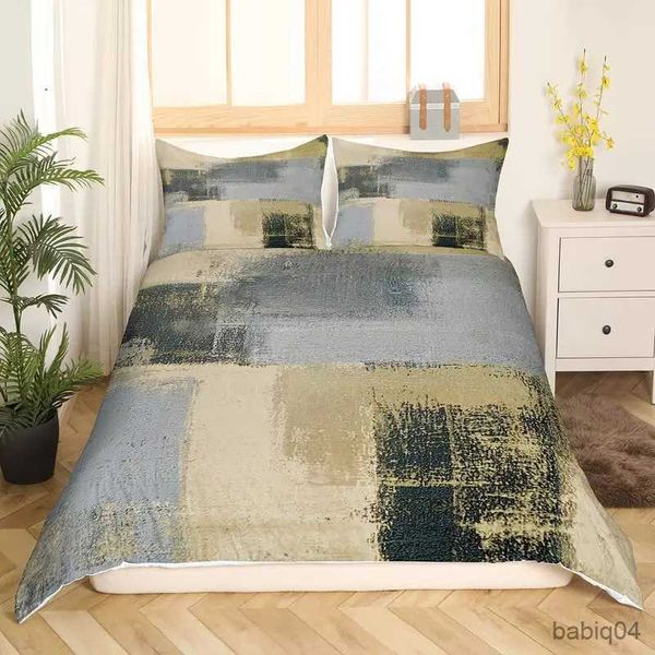 Juegos de ropa de cama Funda nórdica King Queen abstracta vintage, juego de cama de óxido desordenado azul gris, funda de edredón de poliéster con arte grunge moderno y ligero