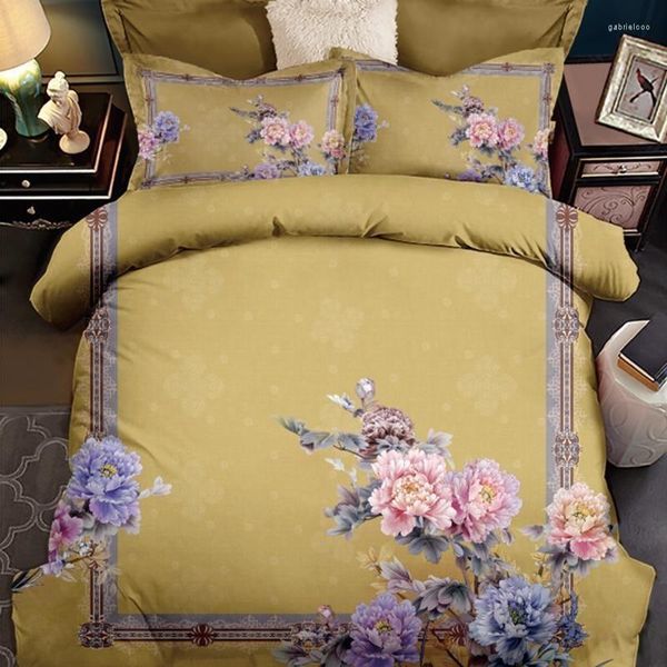 Conjuntos de ropa de cama Conjunto de funda nórdica con estampado de flores vintage Sábana Fundas de almohada Queen King 4 piezas Algodón Colorido Dibujo antiguo