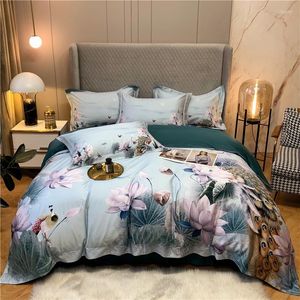 Beddengoed sets vintage chic groen roze pauw lotus bladeren dekbedoverdeksel 1000TC Egyptisch katoen levendig 4 pcs set 1bed sheet 2pillowcases