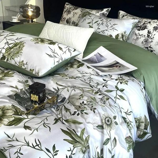 Conjuntos de ropa de cama Vintage Green Botanical Flowers Juego de funda nórdica 600TC Algodón egipcio Lujo Edredón suave Sábana Fundas de almohada