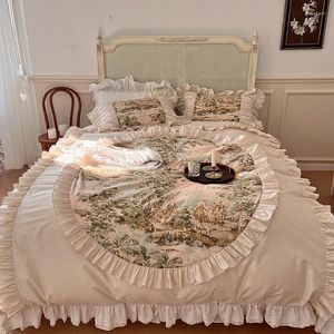 Beddengoed stelt vintage Noordse pastorale artistieke katoenen ruches 4pcs Set Plant Patroon Quilt Cover Bed Leer