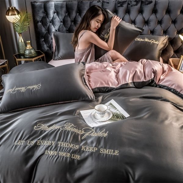Juegos de cama Lavado PLA ropa de cama de fibra fresca cómodo tamaño king hogar dormitorio cama cubierta color sólido edredón edredón 220929