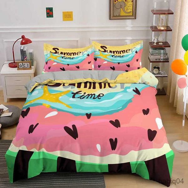 Ensembles de literie Pastèque King Queen Housse de couette Été Rayures noires et vertes Fruits Ensemble de literie Girly Aquarelle 2/3 pièces Housse de couette en polyester