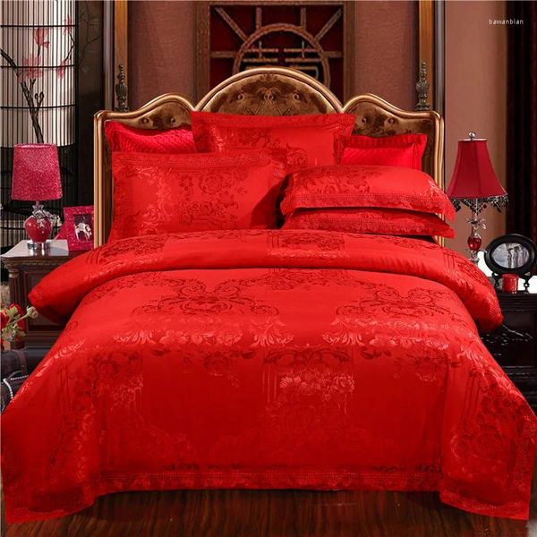 Conjuntos de ropa de cama Boda de cuatro piezas Algodón brillante Rojo 1.8m Cubierta de colchas de sábana