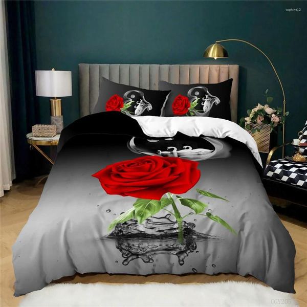 Conjuntos de ropa de cama Tema de boda Rosa Chino Venta al por mayor Textiles para el hogar Edredón Juego de mala cubierta Casarse Decoración Ropa de cama Hd 5D Flor roja