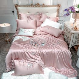 Ensembles de literie Blanc Bambou Lyocell Silky 600TC Ensemble de housse de couette Broderie de luxe 4 / 7Pcs Super doux et confortable Drap de lit Taies d'oreiller