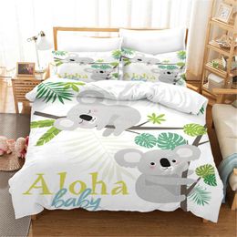 Beddengoed Sets Wit Cartoon Schattige Koala Patroon Set Aniaml Dekbedovertrek Met Kussensloop 3 STKS Bed Kinderen Zachte Comfortabele Geschenken