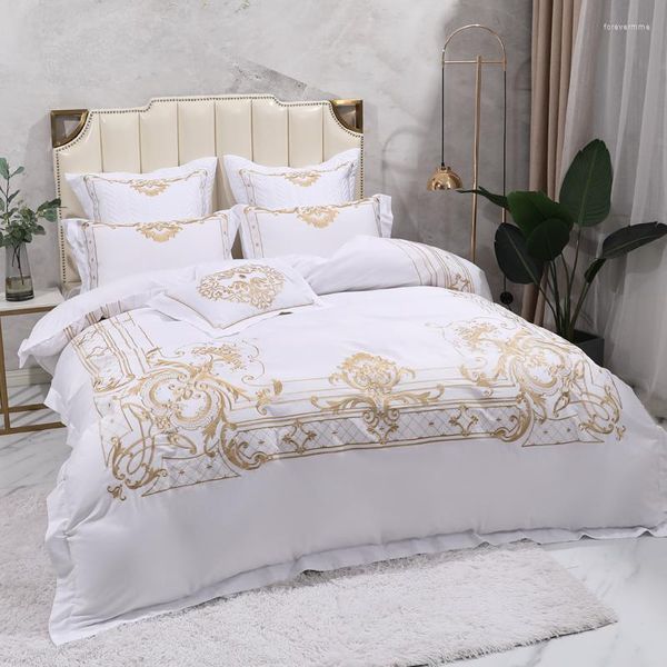 Ensembles de literie blanc princesse ensemble de mariage luxe coton égyptien or broderie Double housse de couette couvre-lit drap taies d'oreiller