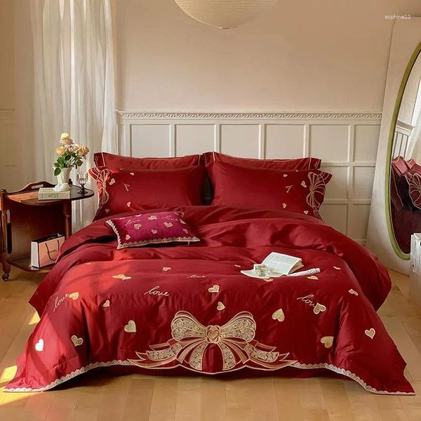 Ensemble de literie Wine Red Chic Coup de couette Set Luxury 1000TC Egyptian Cotton broderie 4pcs Ultra Soft Bed Sheet