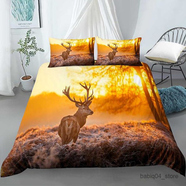 Juegos de ropa de cama Conjuntos de ropa de cama con estampado de ciervos y nieve de invierno, funda nórdica y estuche de ciervos 3D, juego de funda nórdica de 2/3 piezas, textiles para el hogar R230901