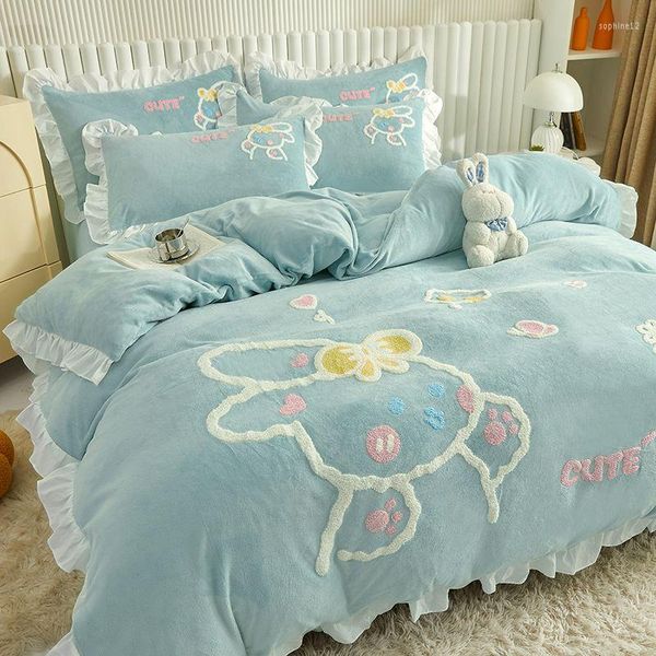 Ensembles de literie hiver épaissie lait velours cristal lit 4 pièces Double face housse de couette feuille Edredones Cama couette ensemble