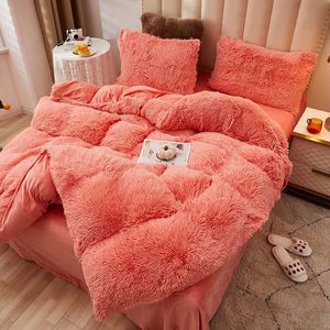 Ensembles de literie Hiver chaud en peluche housse de couette rose romantique princesse vison velours moelleux flanelle housse de couette ensemble de literie de luxe King Size 231122