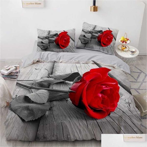 Conjuntos de ropa de cama Wostar 100% poliéster Juego de edredón Ropa de cama 3D Edredón Er y funda de almohada Rosa roja Floral Textiles para el hogar 2/3 piezas Ropa de cama Dr Dhay8