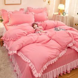 Ensembles de literie WOSTAR mignon style princesse housse de couette rose 4 pièces lit double de luxe ding quatre pièces ensemble drap de couette taie d'oreiller 230224