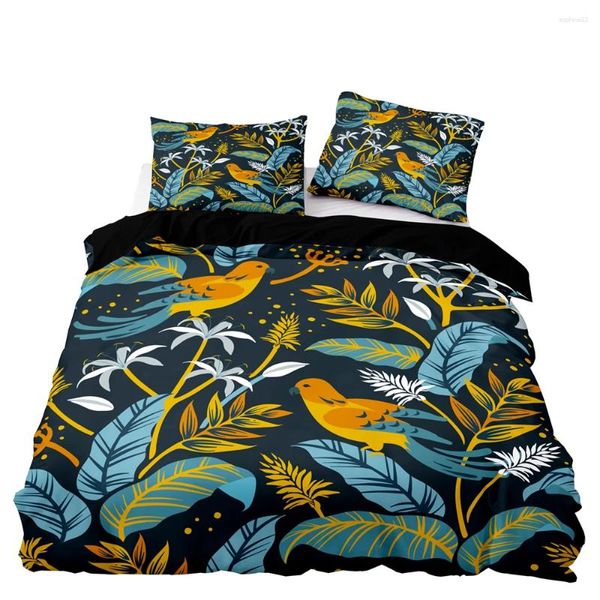 Ensembles de literie Jaune de couette noire en jeu avec taie d'oreiller Feuilles vintage Modèle d'oiseaux pour double taille