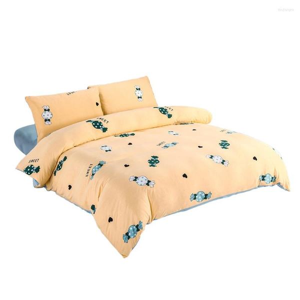 Conjuntos de ropa de cama Amarillo Twin Funda nórdica Patrón de caramelo Edredón Hoja plana de ángulo recto con fundas de almohada Tamaño King 4pcs