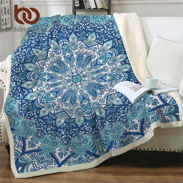 BeddingOutlet Couverture Bohème pour Lits Floral Paisley Mince Couette Bleu Ciel Mandala Couvre-Lit 130x150cm Polaire Jeter Couverture 201222