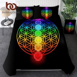 BeddingOutlet Chakra Beddengoed Set Zen Thema Bed Cover Kleurrijke Bed Set Koning Geometrische Spreien Bloem van Leven Bedlinnen Dropship H256r