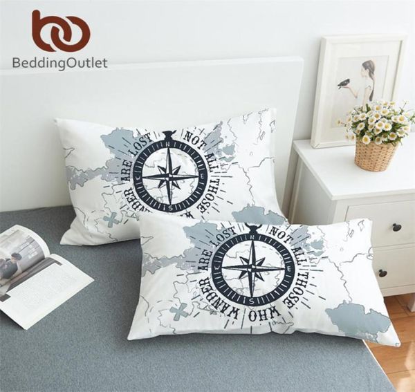 BeddingOutlet Boussole Taie d'oreiller Carte Nautique Dormir Taie d'oreiller Garçons Literie Bleu Marine et Blanc Taie d'oreiller Housse 2 pièces Y2001035576336