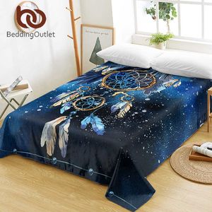 LiterieOutlet Dreamcatcher Draps de lit Plume Boho Drap plat Bald Eagle Linge de lit Bohème Bleu Galaxy Canapé Couverture Reine Roi 210626