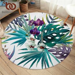 Beddingoutlet Bloemen Slaapkamer Vloer Mat Groene Bladeren Rond Tapijt Tropische planten Tapijt Floral Woonkamer Alfombra Dropship 1pc 211026