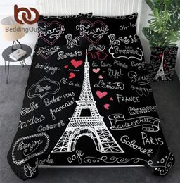 Beddingingoutlet France Paris Tower Juego de ropa de cama en blanco y negro Juego de cama románticas Cubierta de edredón de estampado de corazón Textiles suaves para el hogar 27501769