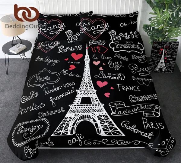 Beddingoutlet France Paris Tower Liber Set Black and White Bed Set Romantic Lettres Imprimer Couperon Cover Soft Home Textiles 27317785