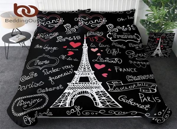 Beddingoutlet France Paris Tower Liber Set Black and White Bed Set Romantic Lettres Imprimer Couperon COURT