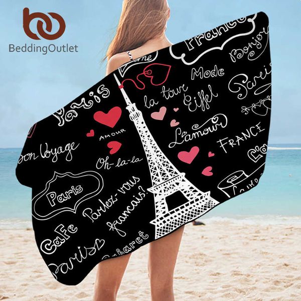Literieoutlet France Paris Towerserviette de plage noir et blanccouverture de bain lettres romantiques coeur impriméserviette de douche serviette 210611