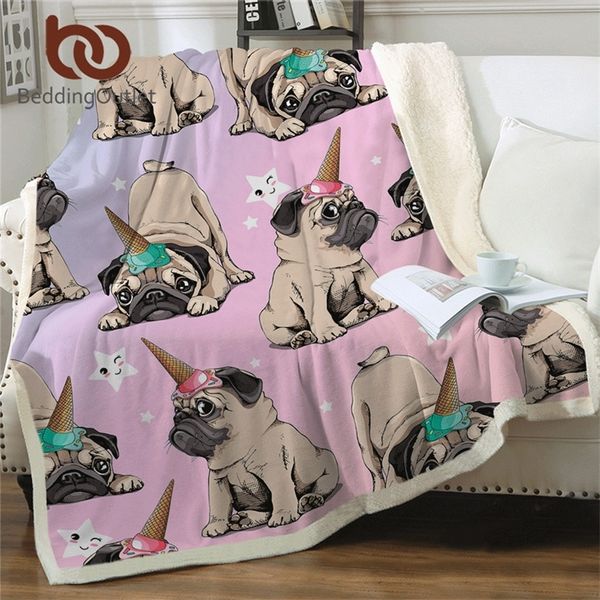 LiterieOutlet Hippie Pug Sherpa Couverture sur le lit Animal Dessin animé Chien Peluche Couverture Couvre-lit Noël Bulldog Canapé Couverture LJ201127