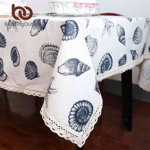 BeddingOutlet Linnen Katoenen Tafelkleed Shell Oceaan Bedrukte Cover Mediterrane Doek Rechthoekig 9 Maten Sale 210626