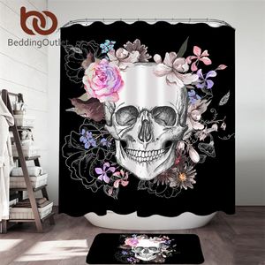 BeddingOutlet Sugar Skull Rideau de douche Ensemble Floral Salle de bain Rideau 2pcs Fleurs Tapis de bain Tapis Ensemble gothique noir rideau de douche T200711