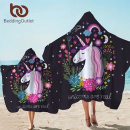 Beddingoutlet Eenhoorn Hooded Handdoek Microfiber Badhanddoek met capuchon voor Kinderen Volwassen Floral Cartoon Wearable Beach Wrap Deken T200529