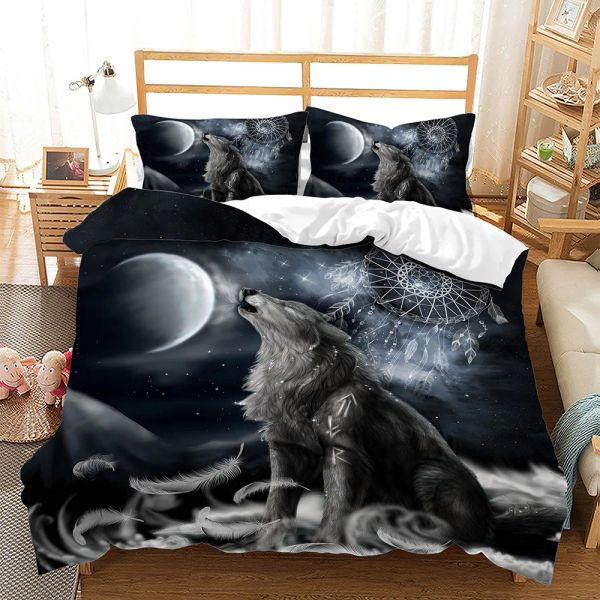 Juego de ropa de cama de dormitorio Tamaño del rey para doble estampado en 3D luna de ciervos bohemio, lino de la cama lobo 2 personas 240x260 Cover del edredón+Pilllowcase