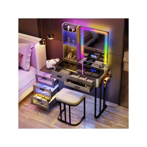 Muebles de dormitorio Kasibie Rgb Juego de tocador con luz LED Preciosa tapa de vidrio y soporte para secador de pelo Carga inalámbrica USB Tiene 6 Ders Open St Dhmw9