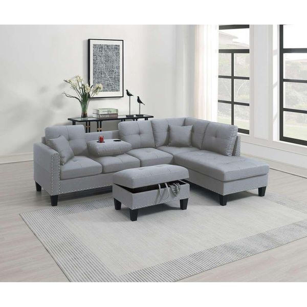 Meubles de chambre à coucher Salon 3 pièces ensemble sectionnel Laf canapé Raf chaise et rangement pouf porte-gobelet couleur gris taupe tissu semblable au lin Fabri Dhfid